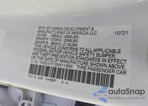 2021 Honda Accord Lx из США, поврежденный, VIN 1HGCV1F10MA113856